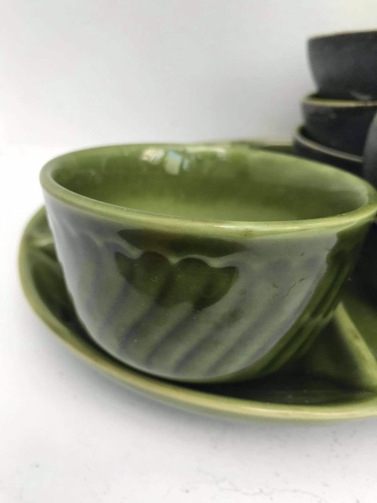 Green Pottery Boch Bowl Dinnerware Appetizer Set Belgium Trianon With Handles Dishes La Louviere Belgium Trianon Model Green Dinnerware photo vintage