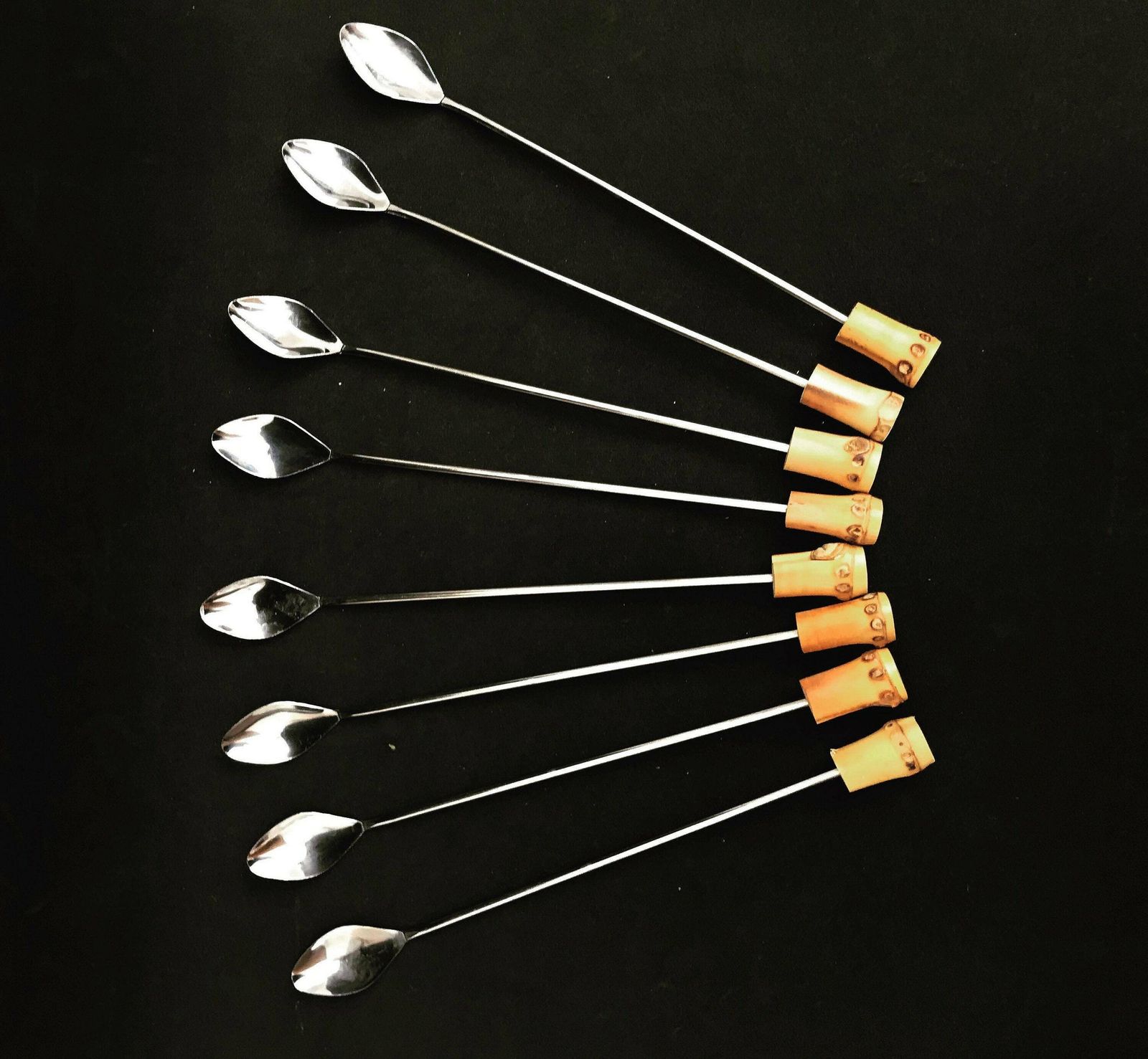 Bamboo Cocktail Spoons Handle Vintage France Set 8 Bar Accessories Boho Bar Tiki Bar Long Spoons Coffee Cold Tea Bar Tools Bohemian Gift photo furniture