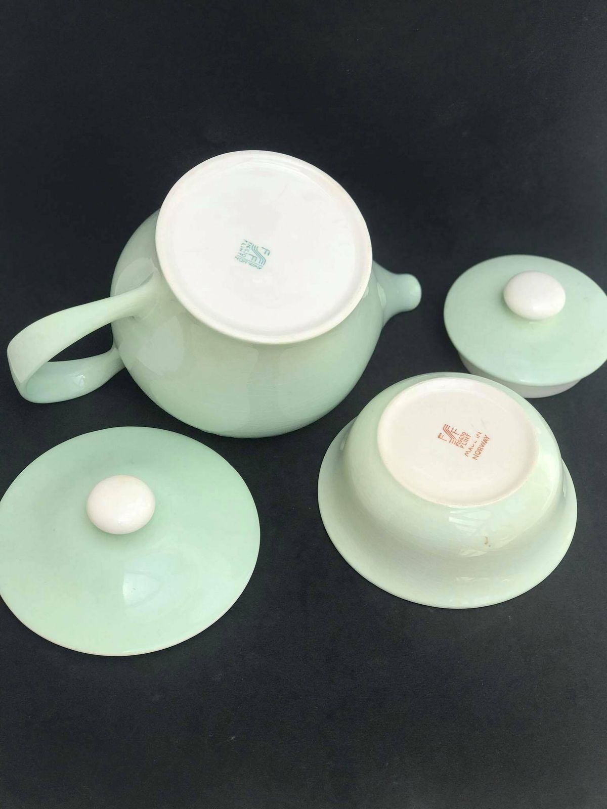 Coffee Tea Set Vintage Figgjo Flint Norway Sissel Mint Green Sugar Bowl Teapot 1950s Ragnar Grimsrud Scandinavian photo 167.0