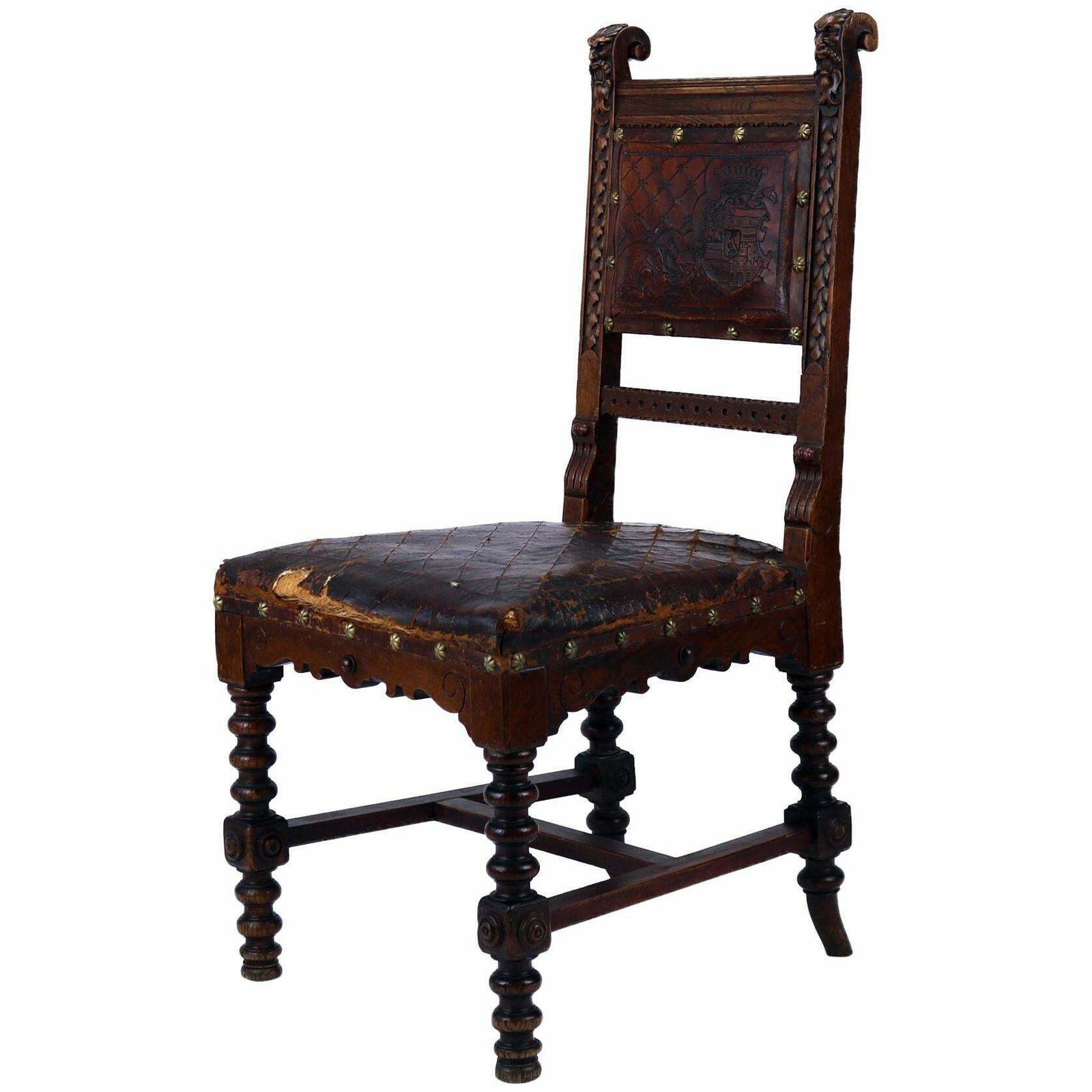 Reanaissance Revival Hand Carved Chair With Embossed Leather 19th Century
