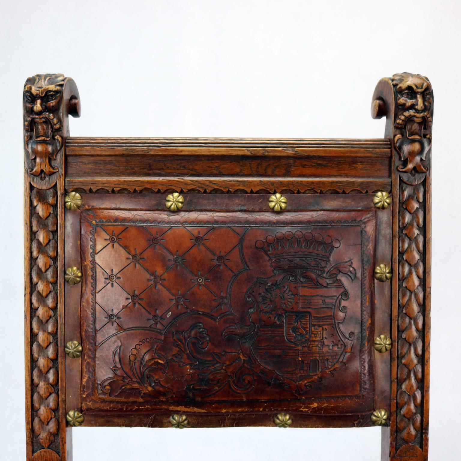 3007.0 Reanaissance Revival Hand Carved Chair With Embossed Leather 19th Century photo