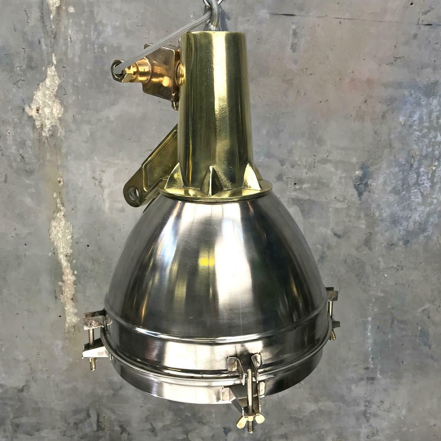 1970s Japanese Large Stainless Steel, Cast Brass And Glass Search Light Pendant photo 525.0
