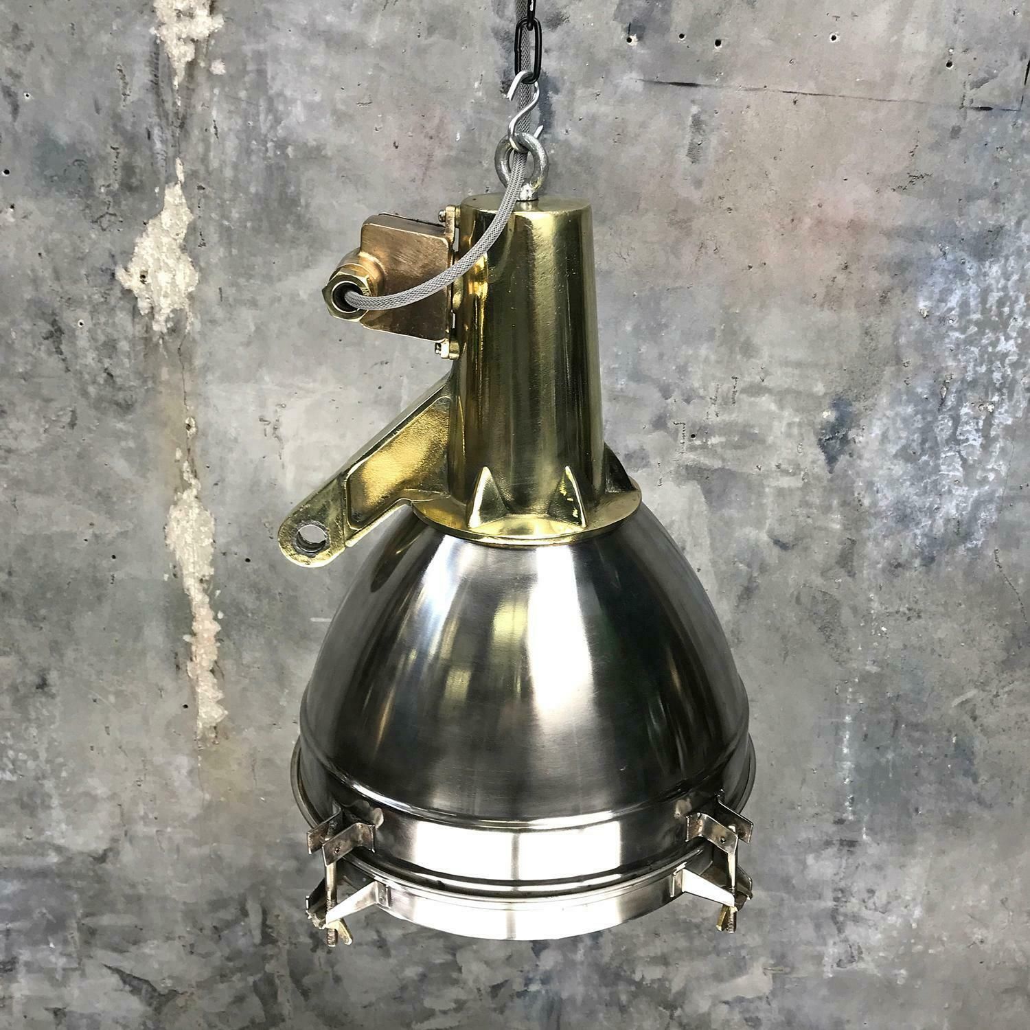 photo vinterior 1970s Japanese Large Stainless Steel, Cast Brass And Glass Search Light Pendant