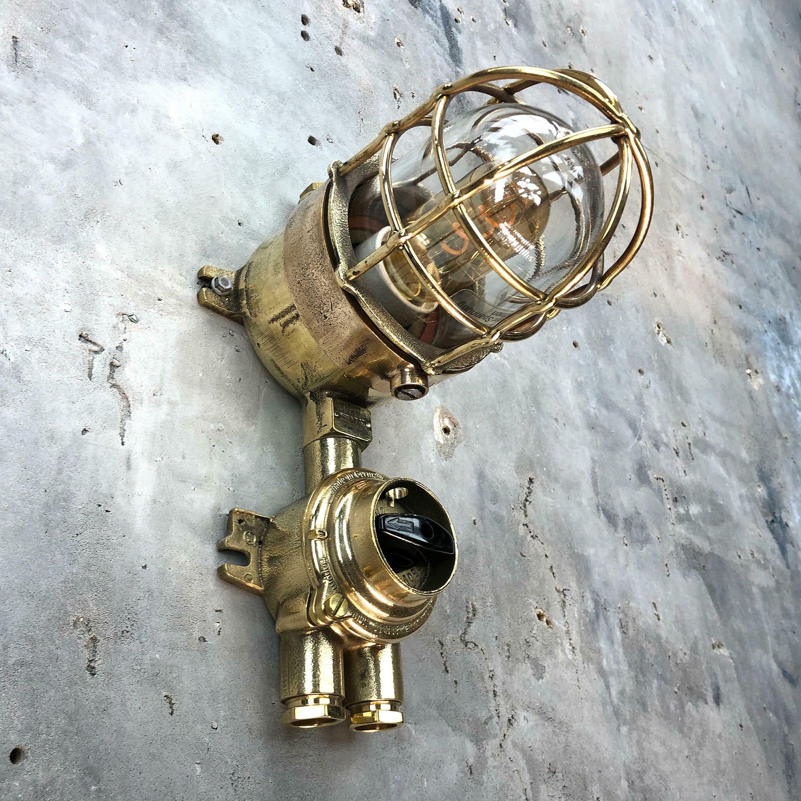 1970s German Cast Brass Explosion Proof Wall Light Glass Shade And Roundabout Switch photo vintage