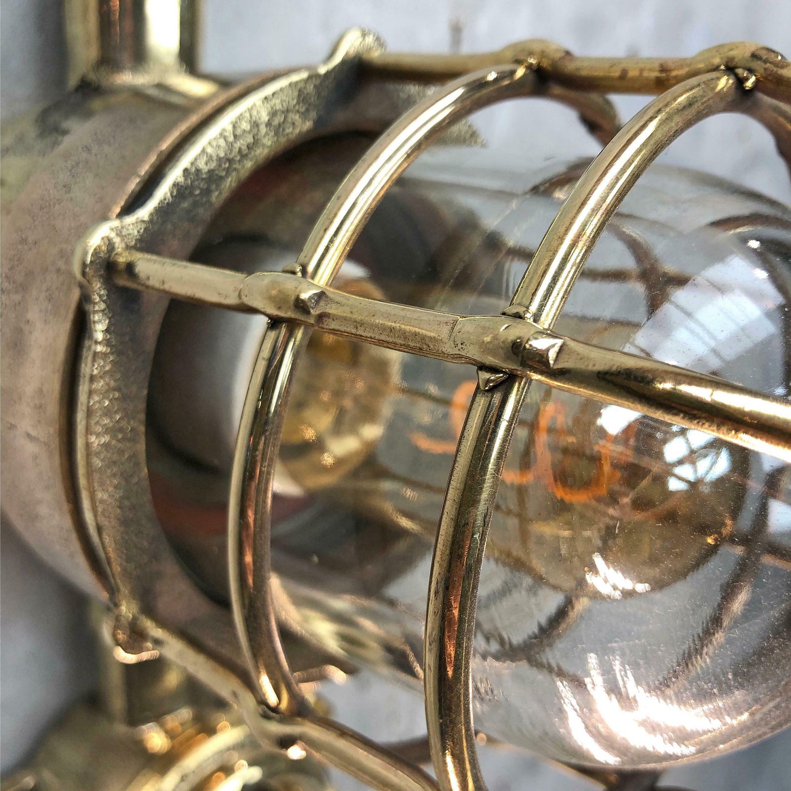 photo vintage 1970s German Cast Brass Explosion Proof Wall Light Glass Shade And Roundabout Switch