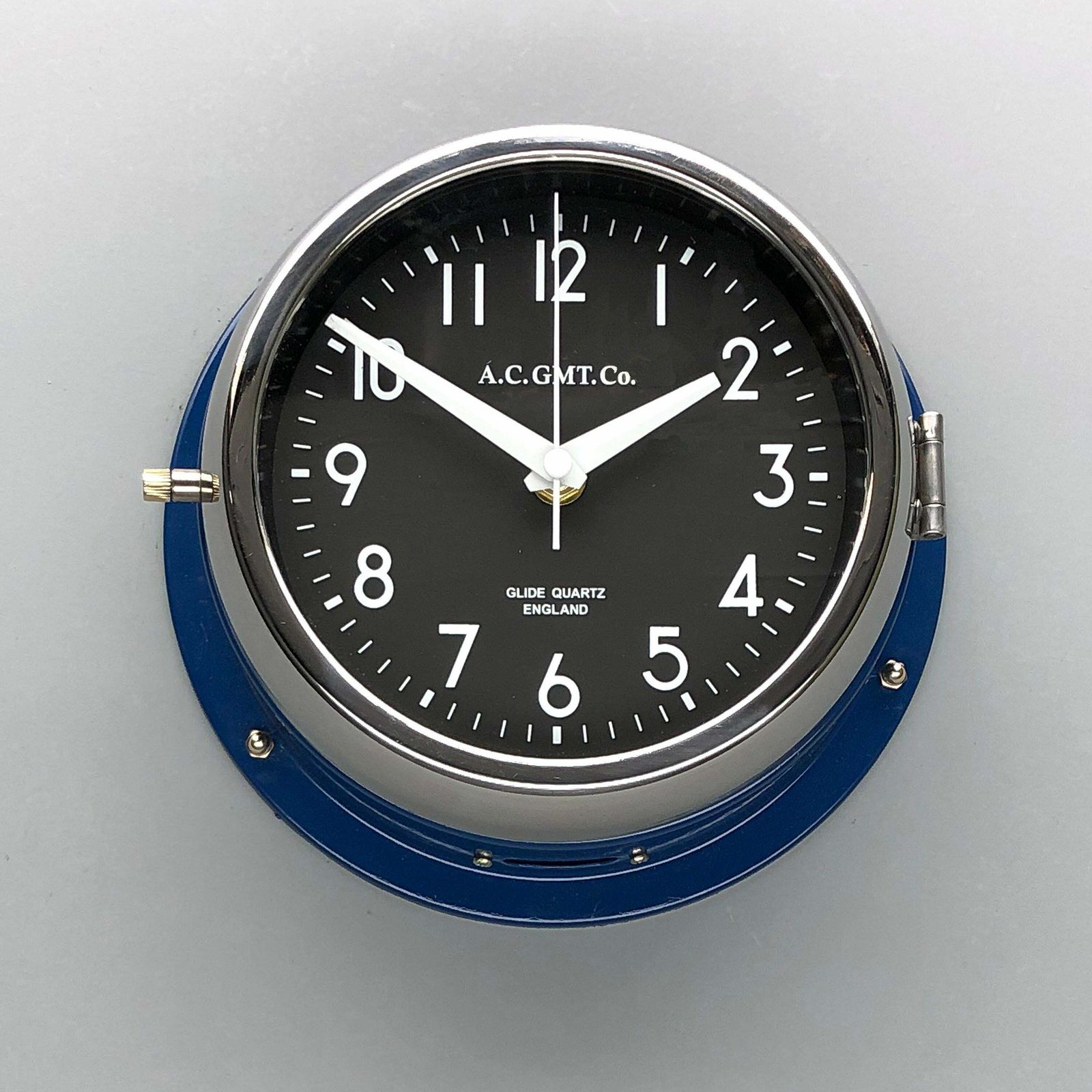 1970s British Classic Blue & Chrome Ac.Gmt.Co. Industrial Wall Clock Black Dial