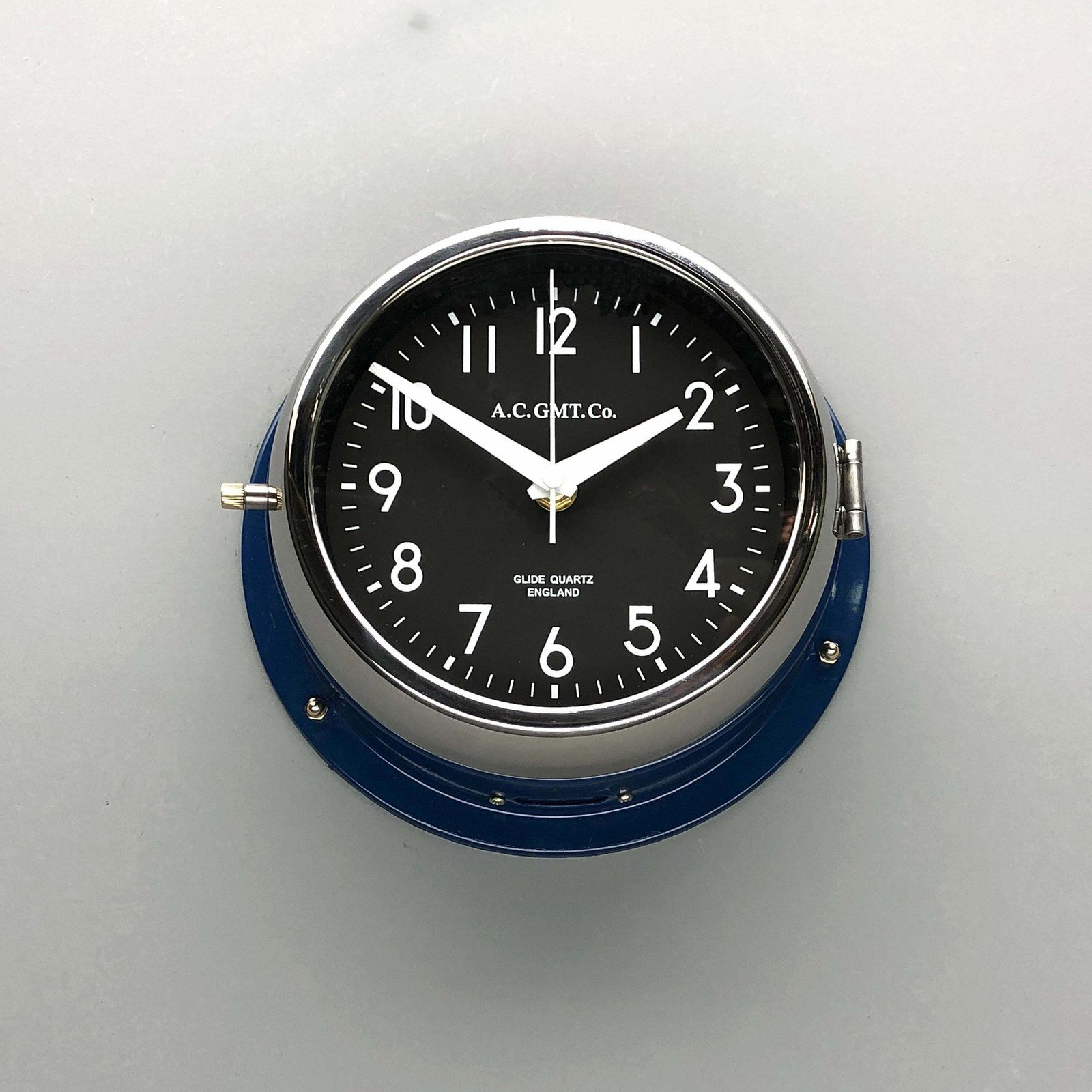 1970s British Classic Blue & Chrome Ac.Gmt.Co. Industrial Wall Clock Black Dial photo Home Decor