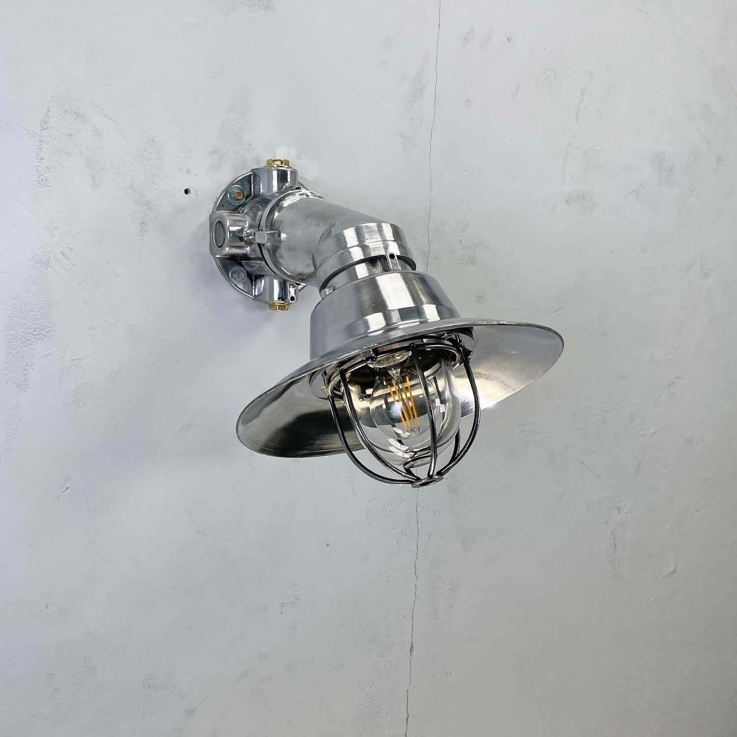 Lighting 1980''S Italian Cast Aluminium Flameproof Cantilever Wall Sconce With Cage & Shade photo