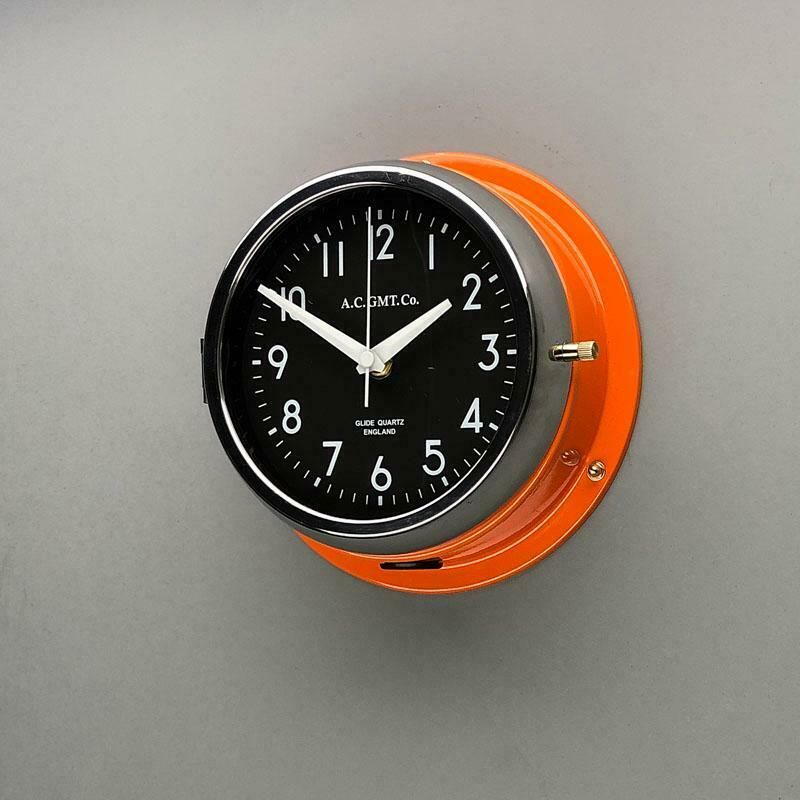1970s British Orange & Chrome Ac Gmt Co. Industrial Wall Clock Black Dial photo vinterior