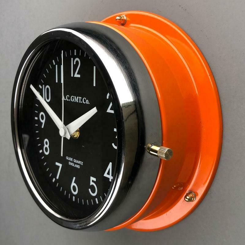 195.0 1970s British Orange & Chrome Ac Gmt Co. Industrial Wall Clock Black Dial photo