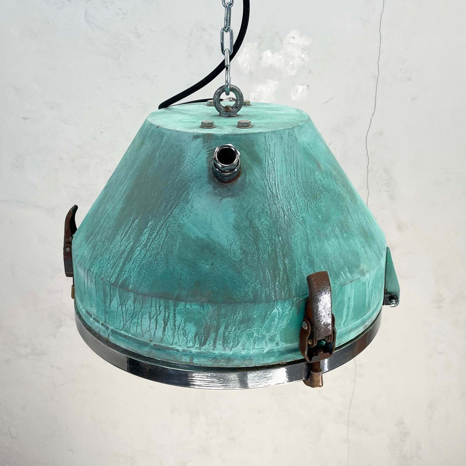 1970''S German Veb Steel & Copper Verdigris Industrial Pendant Lamp, Teal Finish photo vintage
