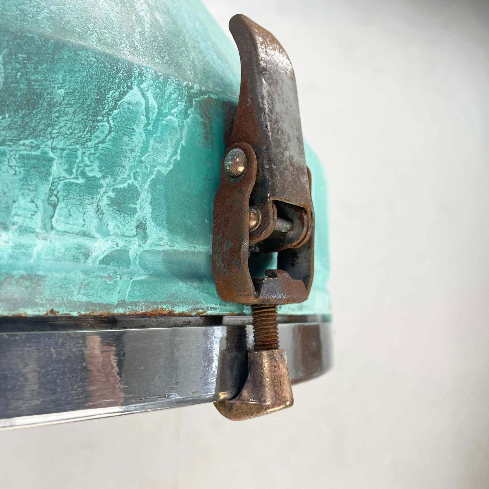 photo furniture 1970''S German Veb Steel & Copper Verdigris Industrial Pendant Lamp, Teal Finish