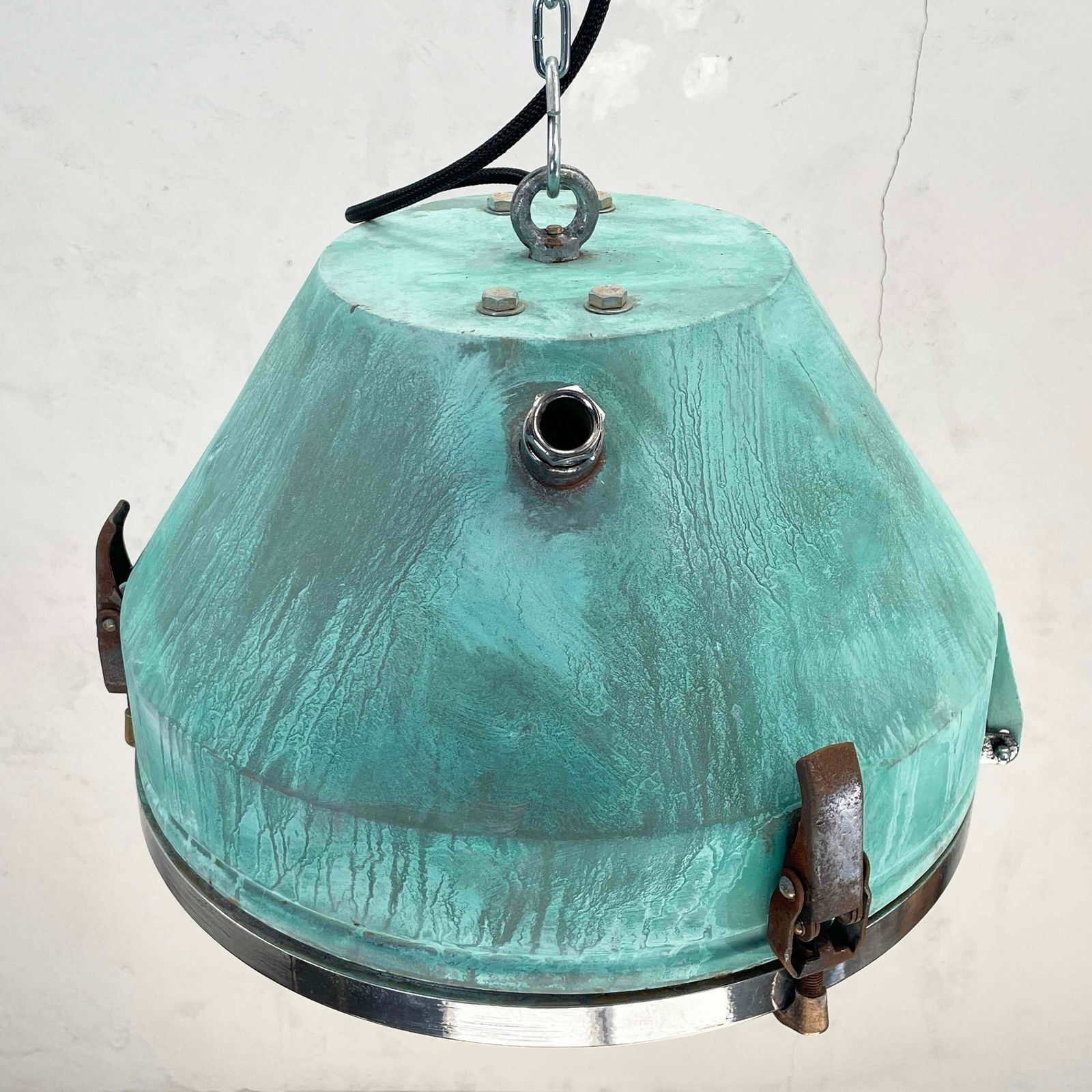 Lighting 1970''S German Veb Steel & Copper Verdigris Industrial Pendant Lamp, Teal Finish photo