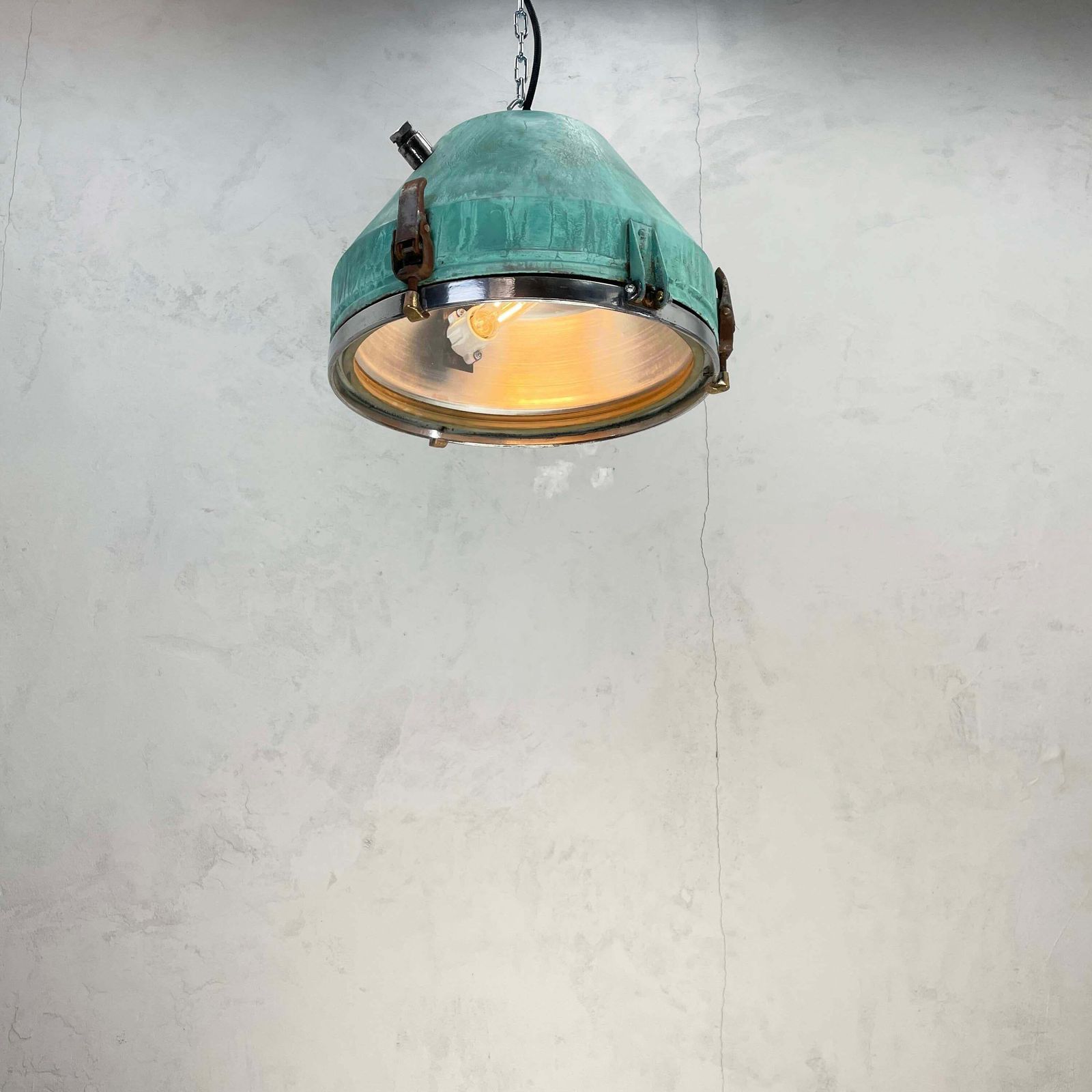 photo buy 1970''S German Veb Steel & Copper Verdigris Industrial Pendant Lamp, Teal Finish
