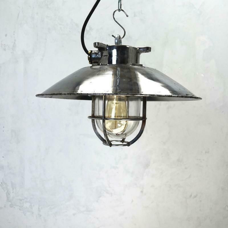 1980''S Japanese Cast Steel Explosion Proof Pendant, Cage & Glass Shade, Large photo for sale