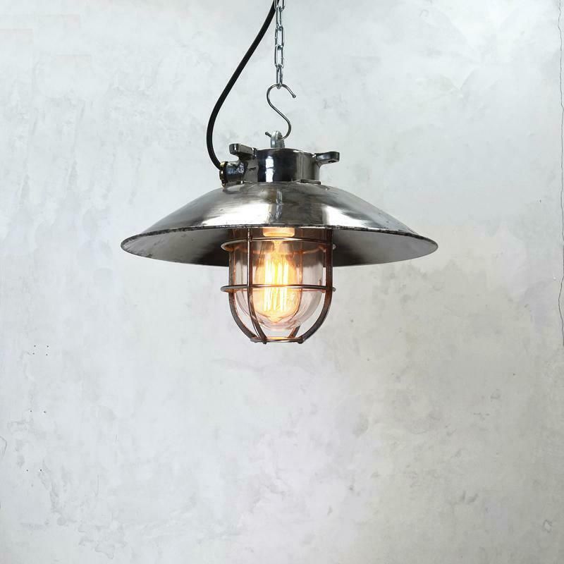 1980''S Japanese Cast Steel Explosion Proof Pendant, Cage & Glass Shade, Large photo Lighting