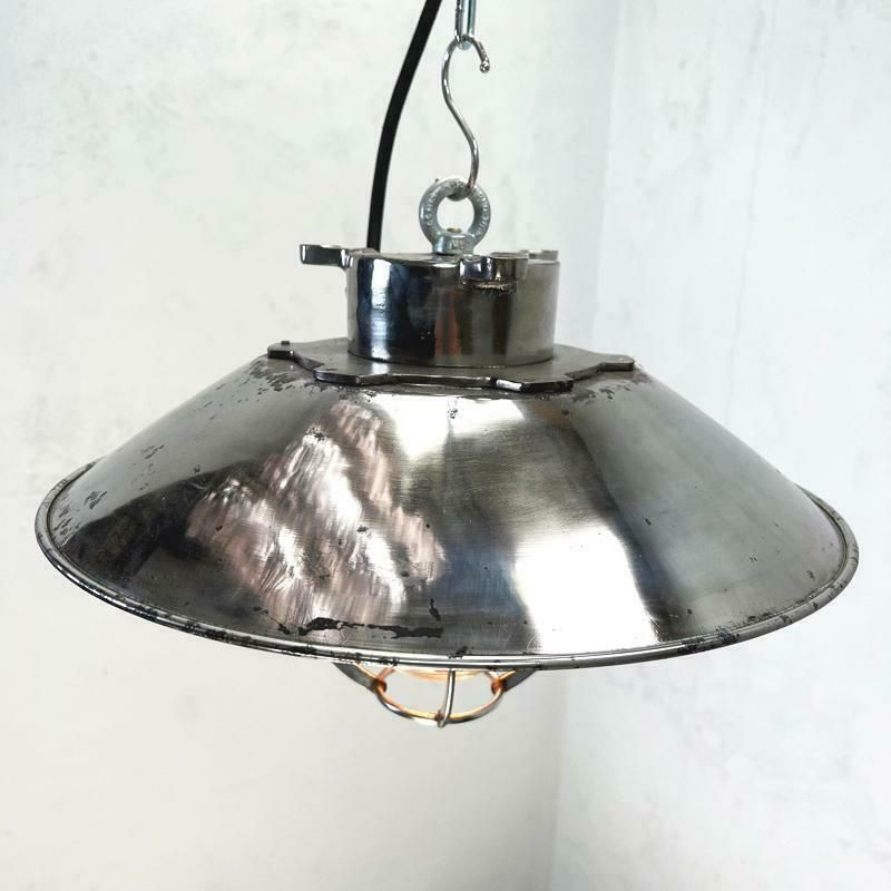 1980''S Japanese Cast Steel Explosion Proof Pendant, Cage & Glass Shade, Large photo vinterior