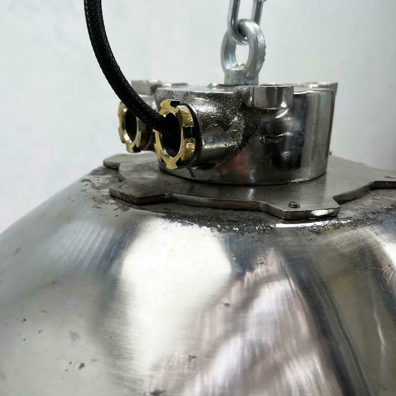 photo for sale 1980''S Japanese Cast Steel Explosion Proof Pendant, Cage & Glass Shade, Large