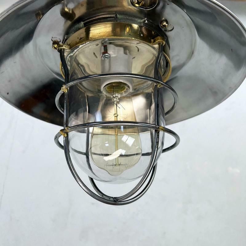 1980''S Japanese Cast Steel Explosion Proof Pendant, Cage & Glass Shade photo Lighting
