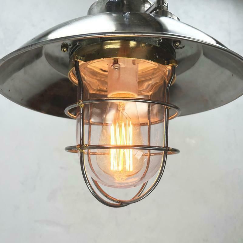 1980''S Japanese Cast Steel Explosion Proof Pendant, Cage & Glass Shade photo vinterior