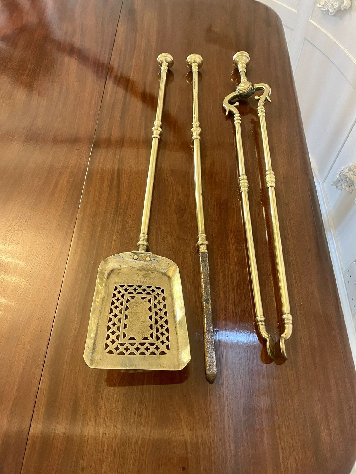 Antique Quality Set Of Three Brass Fire Irons photo furniture