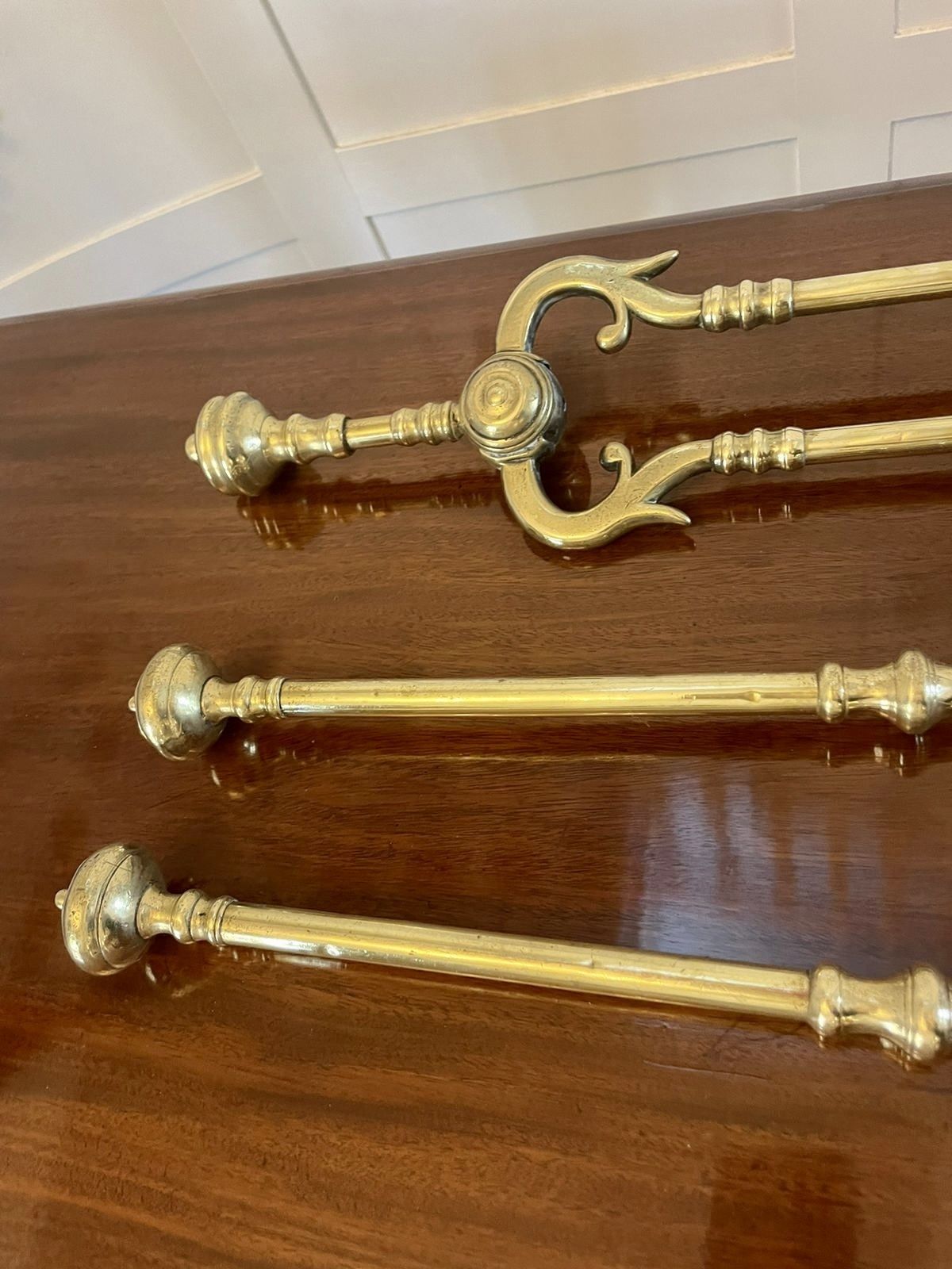 Antique Quality Set Of Three Brass Fire Irons photo for sale