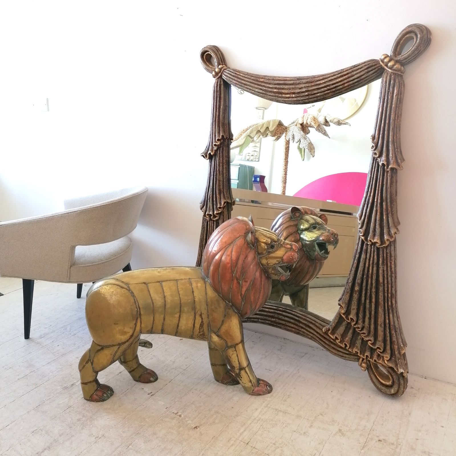 Rare Midcentury Large Brass & Copper Lion Sculpture By Sergio Bustamante, Mexico photo for sale