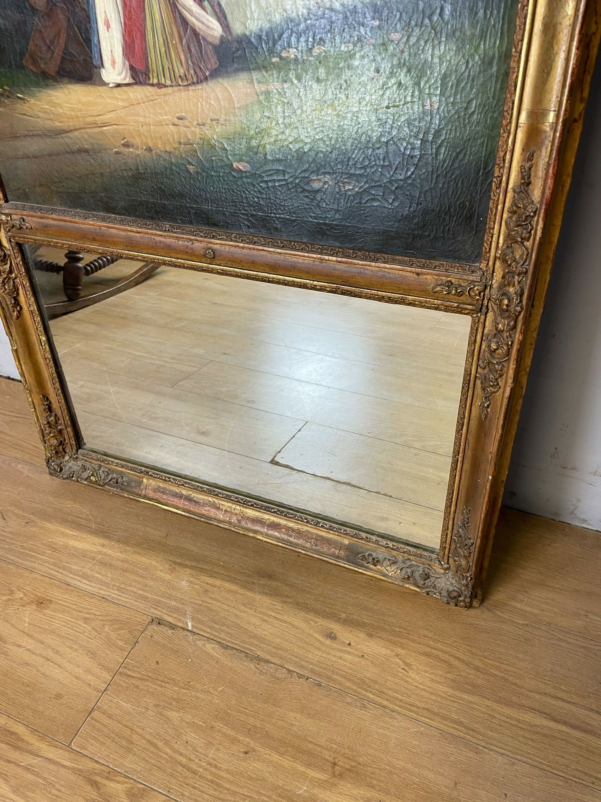 C19th Country House Gilt Framed Pier Mirror With Integral Oil Painting photo for sale