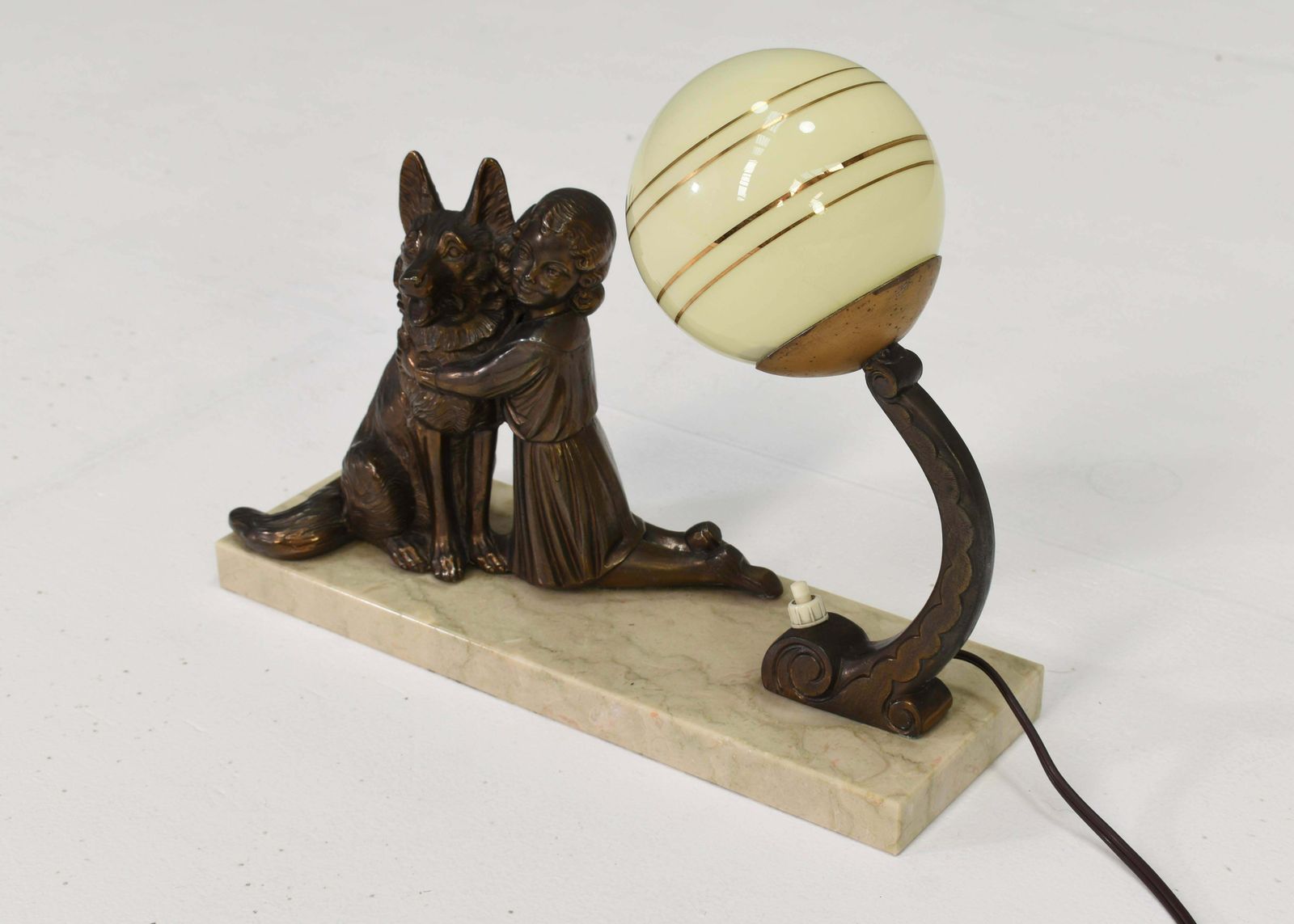 French Art Deco Desk Table Lamp Girl And German Shepherd Sculpture, Circa 1930 photo Lighting