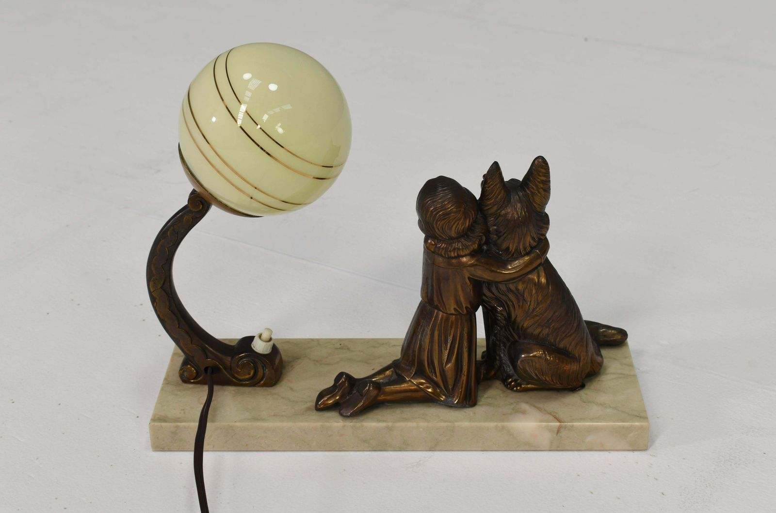 French Art Deco Desk Table Lamp Girl And German Shepherd Sculpture, Circa 1930 photo 1810.0