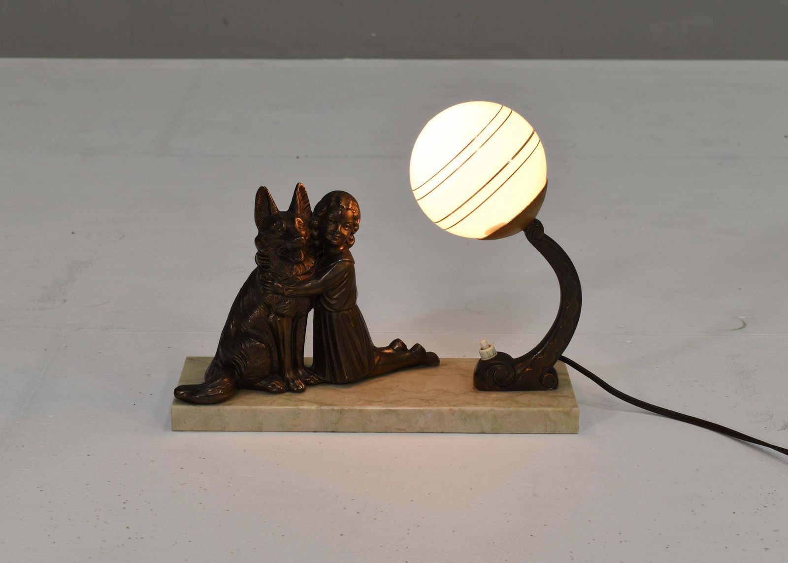 French Art Deco Desk Table Lamp Girl And German Shepherd Sculpture, Circa 1930 photo vinterior