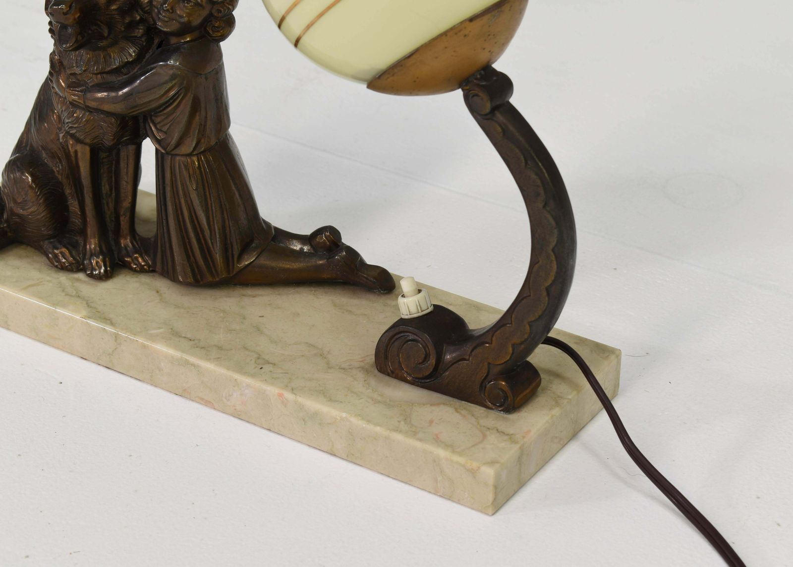 French Art Deco Desk Table Lamp Girl And German Shepherd Sculpture, Circa 1930 photo vintage