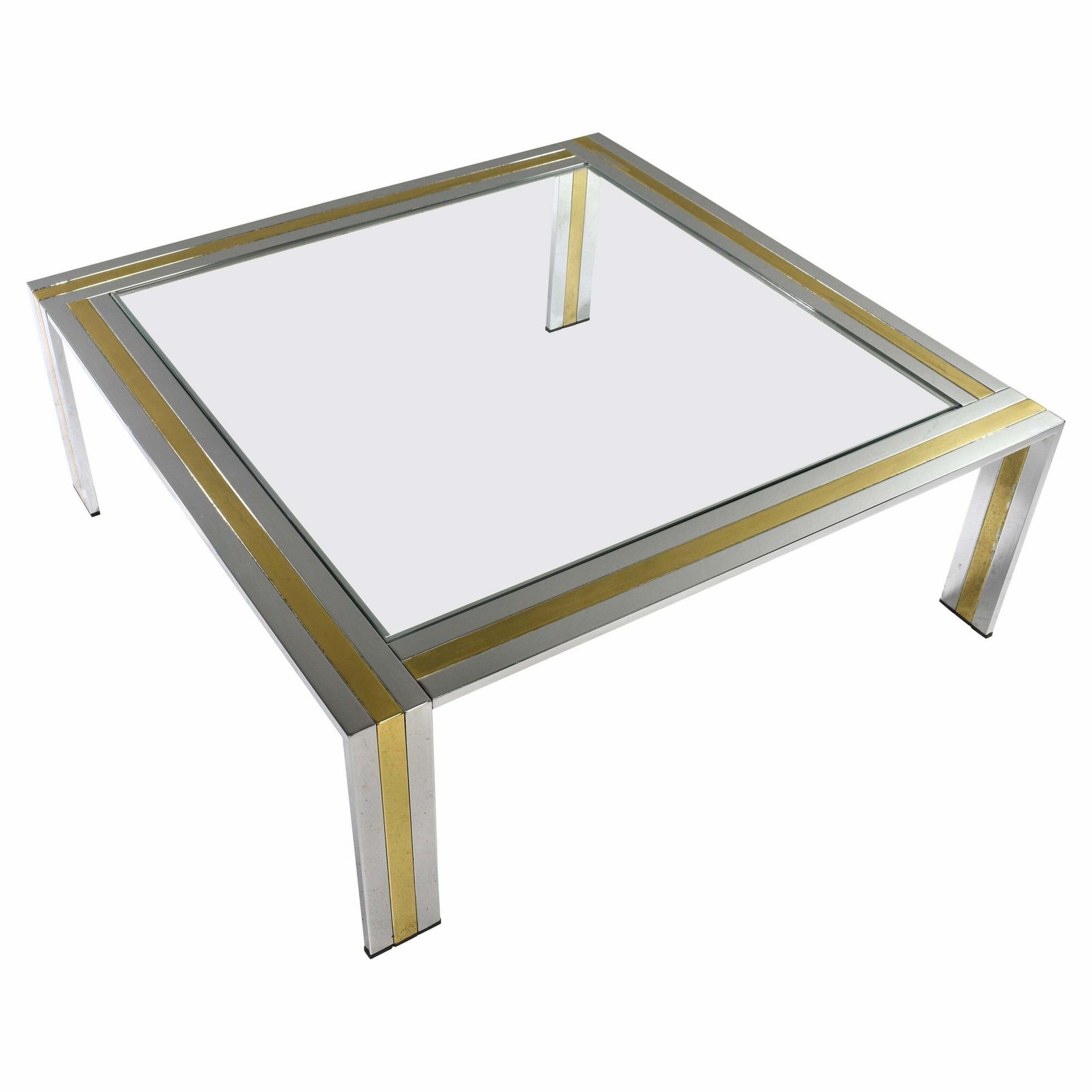 Renato Zevi Square Coffee Table In Brass Chrome And Glass   Italy, Circa 1970