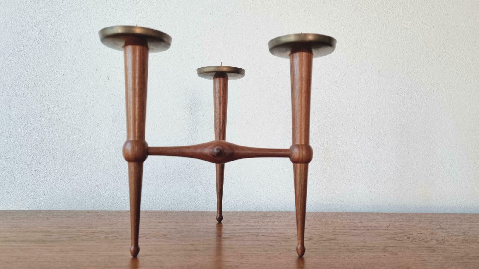Midcentury Teak And Brass Rare Table Candle Holder / Stick, Denmark, 1960s photo for sale