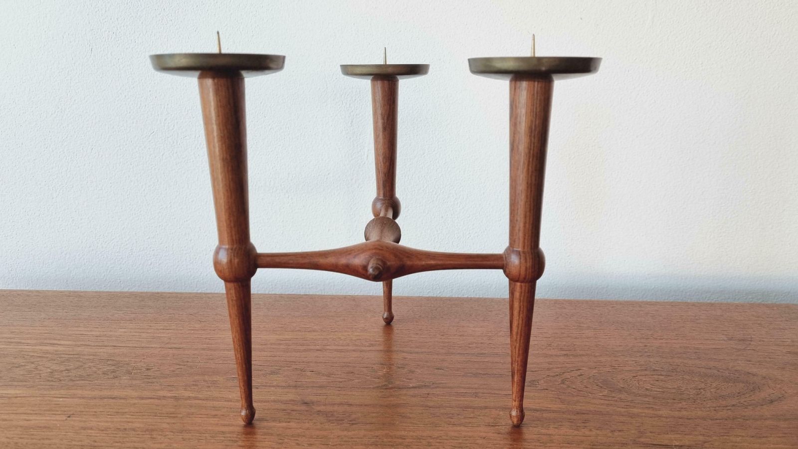 photo furniture Midcentury Teak And Brass Rare Table Candle Holder / Stick, Denmark, 1960s