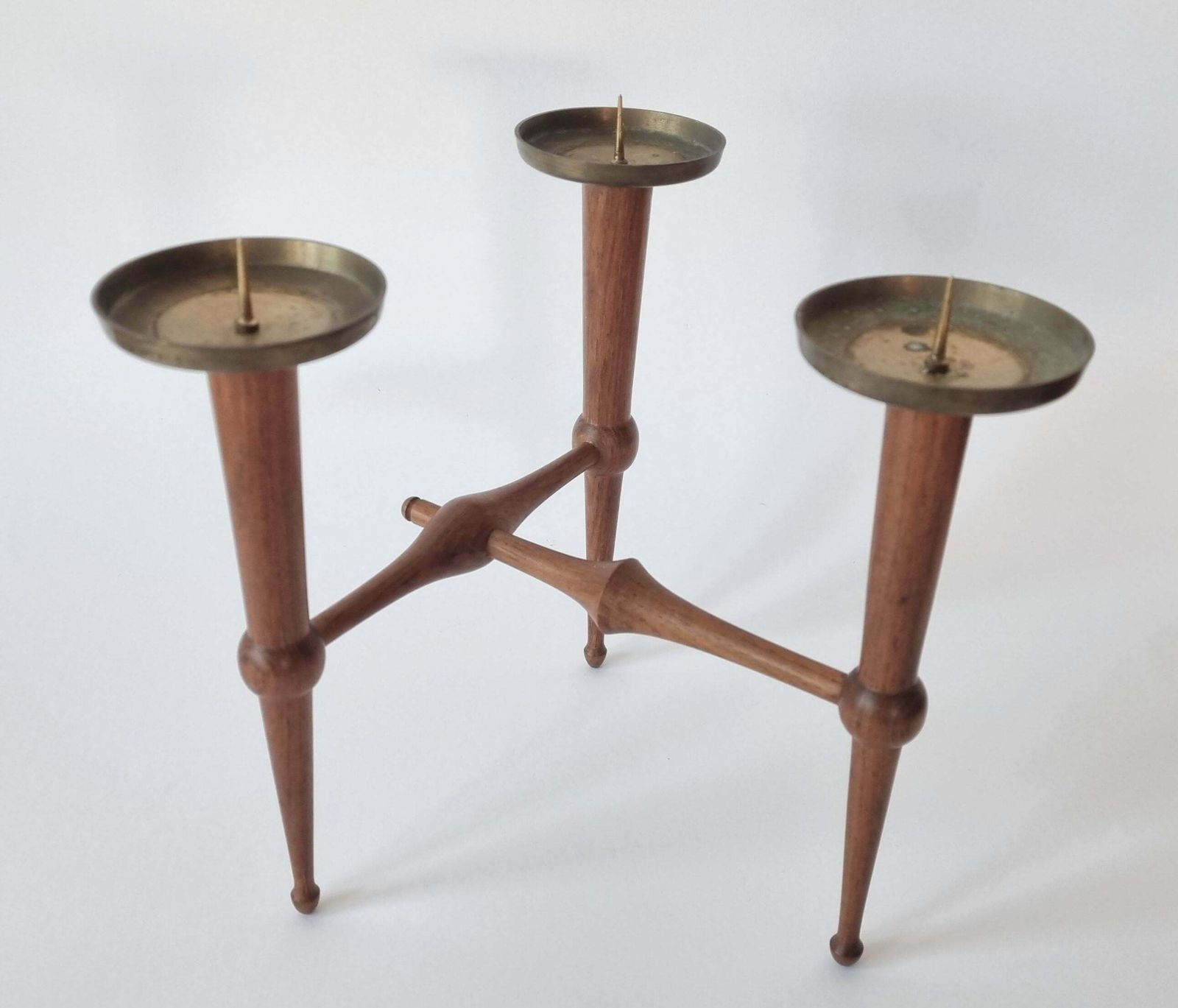 photo vintage Midcentury Teak And Brass Rare Table Candle Holder / Stick, Denmark, 1960s