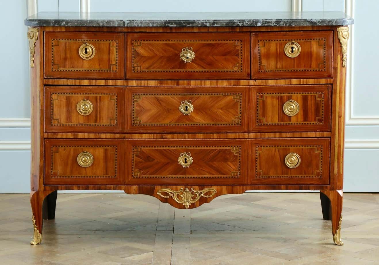 18th Century Marquetry Commode With Sainte Anne Grey Marble, Stamped By L.Aubry photo vinterior