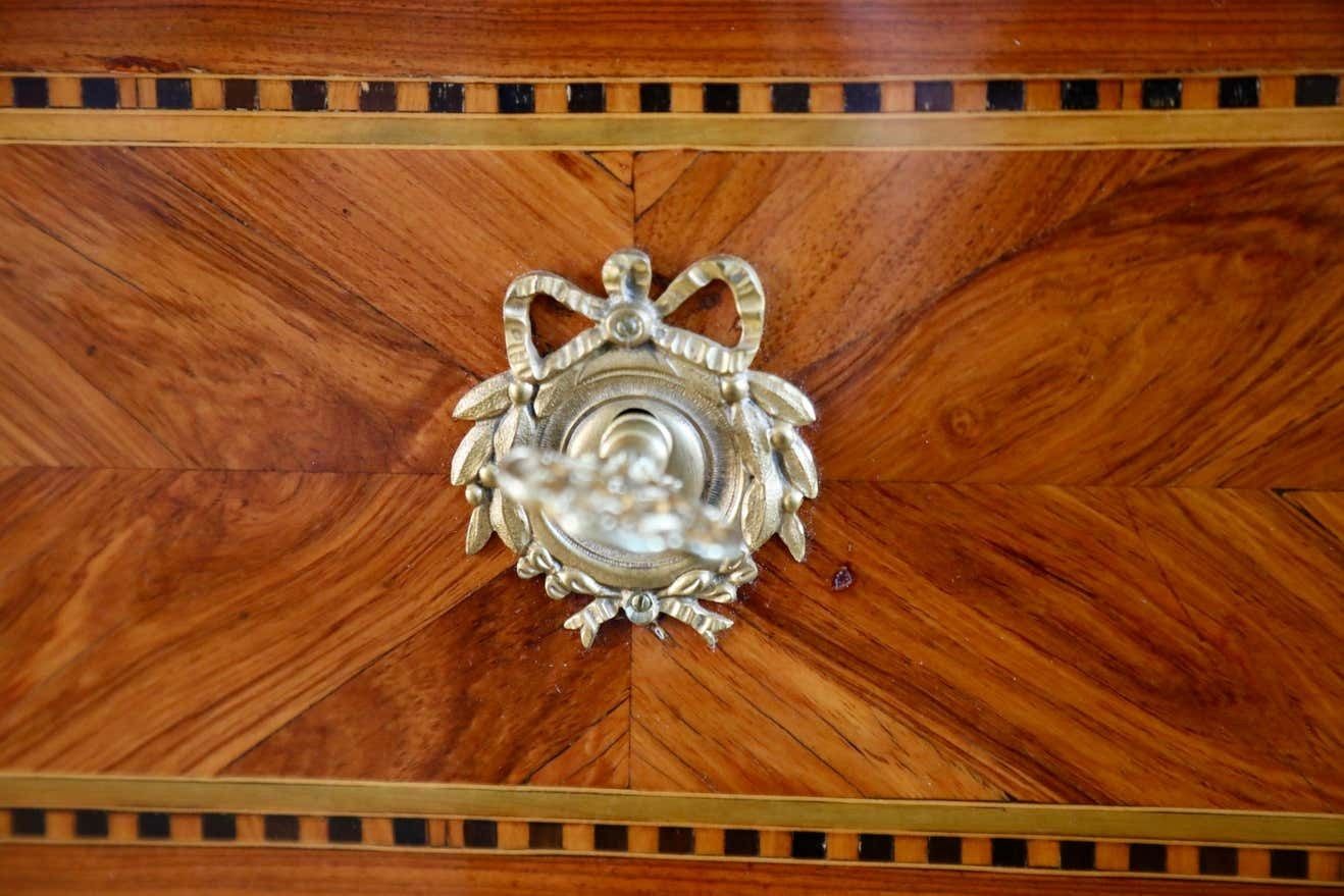 photo furniture 18th Century Marquetry Commode With Sainte Anne Grey Marble, Stamped By L.Aubry