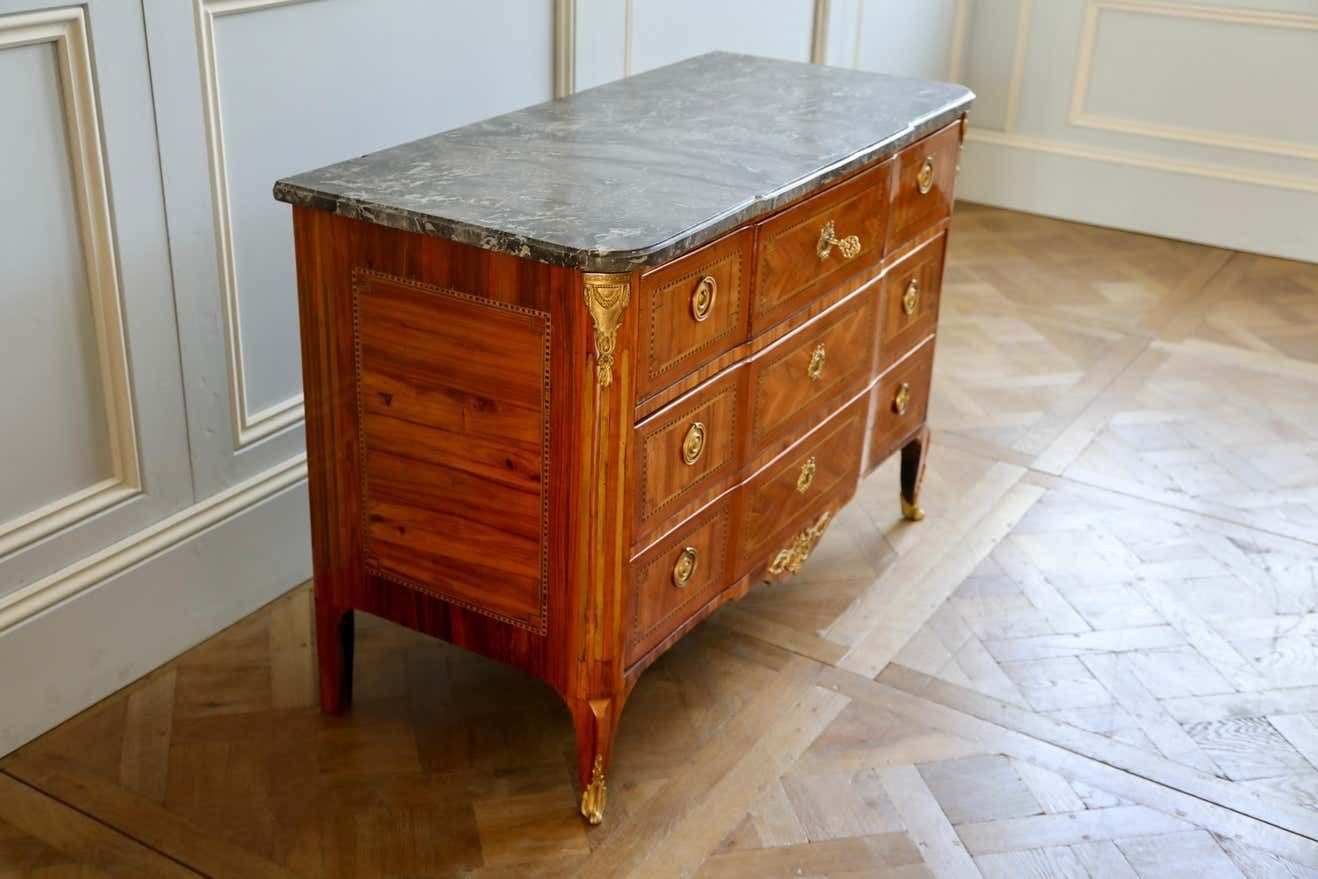 Furniture 18th Century Marquetry Commode With Sainte Anne Grey Marble, Stamped By L.Aubry photo