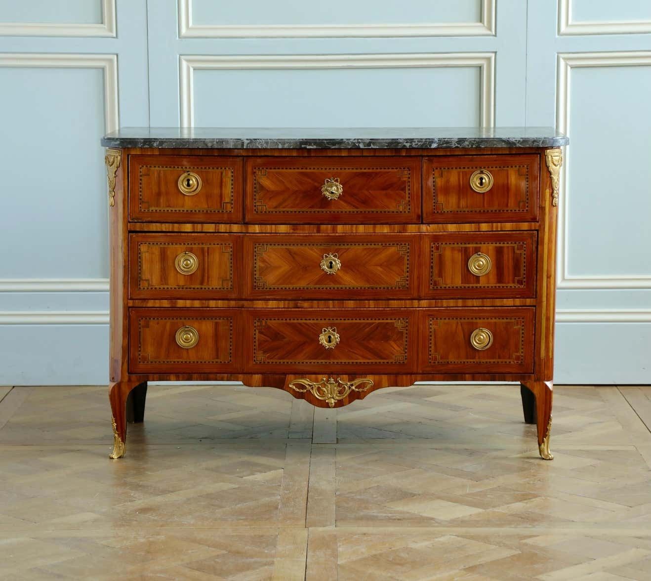 photo vinterior 18th Century Marquetry Commode With Sainte Anne Grey Marble, Stamped By L.Aubry