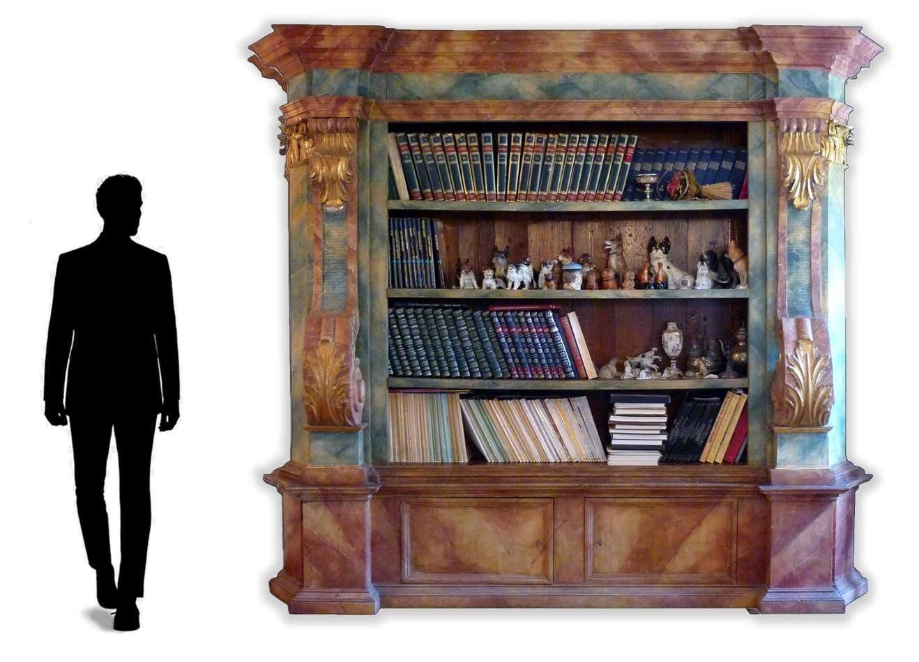 photo for sale Exceptional Painted Bookcase With Gold Leaf Carvings