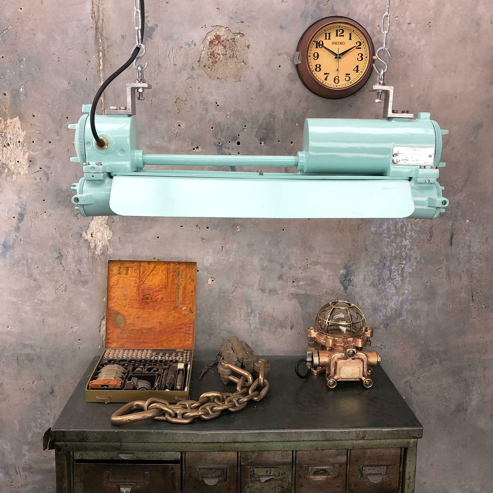 1970s Cast Aluminum, Brass And Glass Industrial Flame Proof Led Strip Light photo vintage