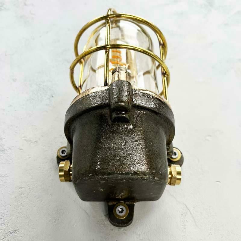 Late Century British Cast Steel, Brass & Bronze Wall Light, Cage & Glass Shade photo 225.0