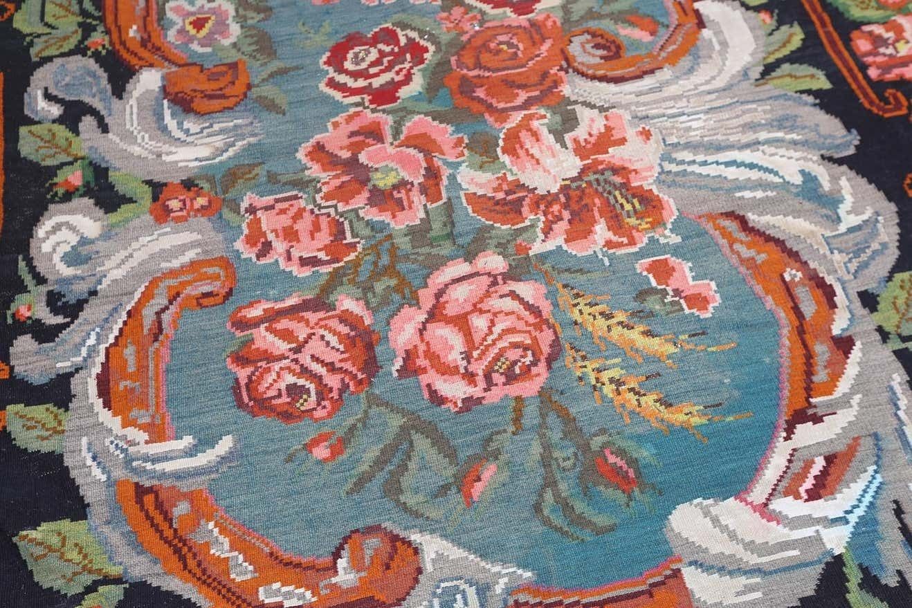 Handmade Kilim Rug Traditional Floral Carpet Livingroom Moldavian Kelim Brown photo for sale