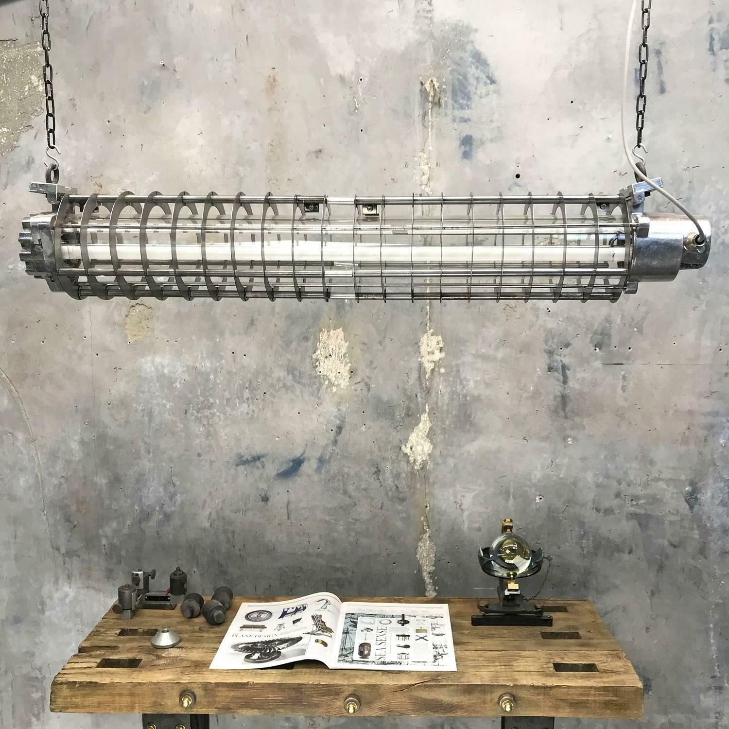 photo for sale 1970s German Cast Metal Explosion Proof Strip Light With Glass And Steel Shade