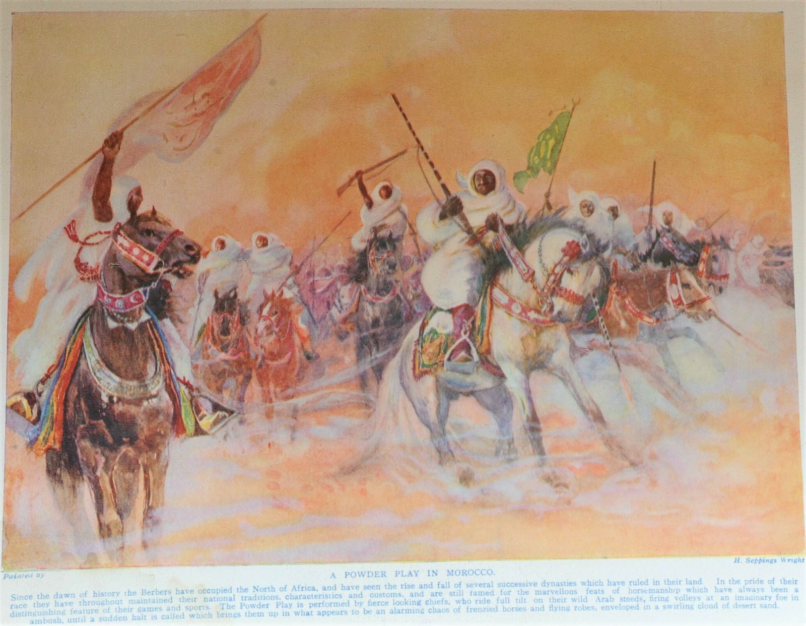 Antique Framed Colour Print Of Orientalist Painting Of Berbers In Morocco By Henry Wright photo for sale
