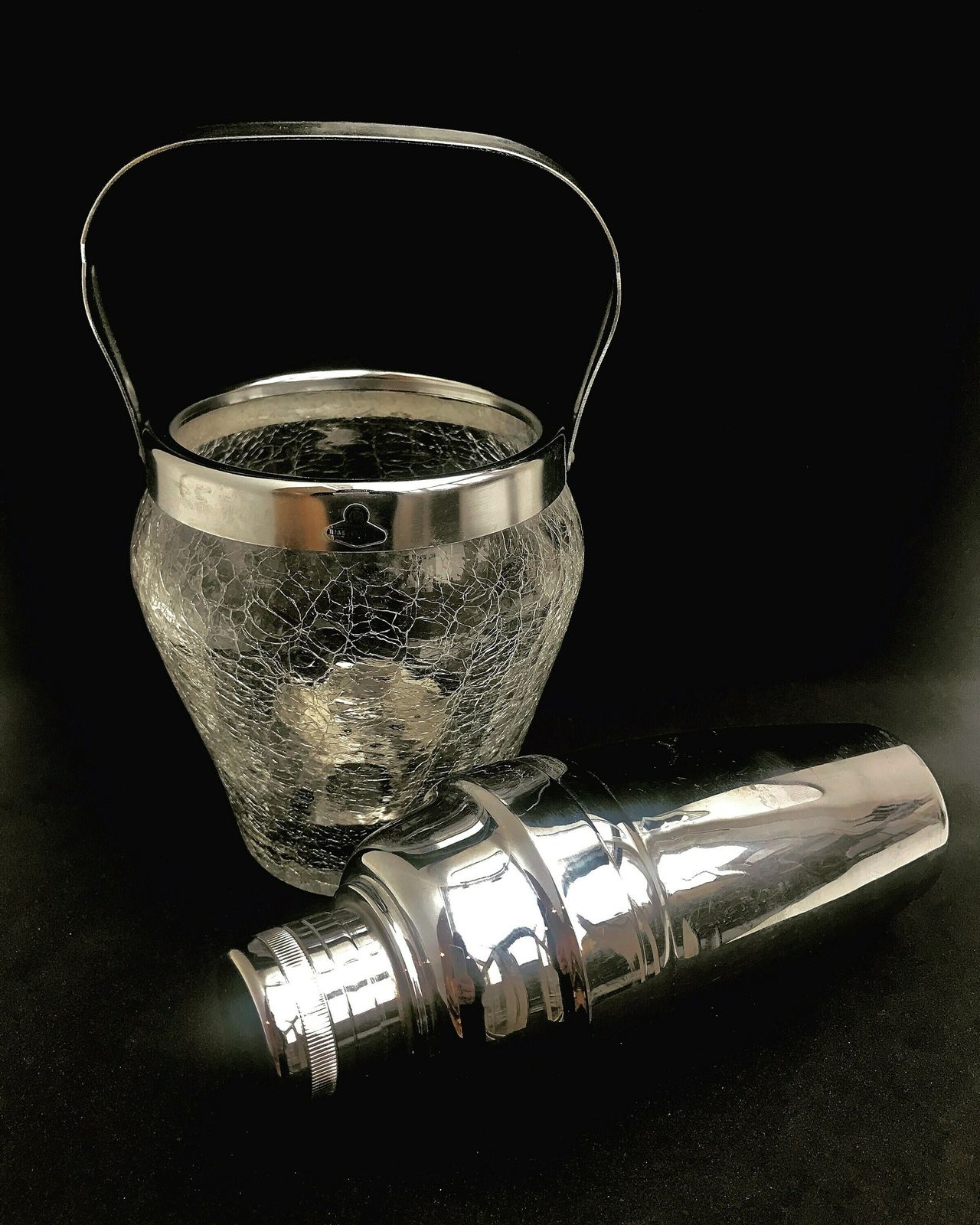 Bar Set Cocktail Shaker And Crackled Glass Ice Bucket Stainless Steel Mid Century Bar Cart 60s Mixology Bartender Barista Home Gift photo for sale