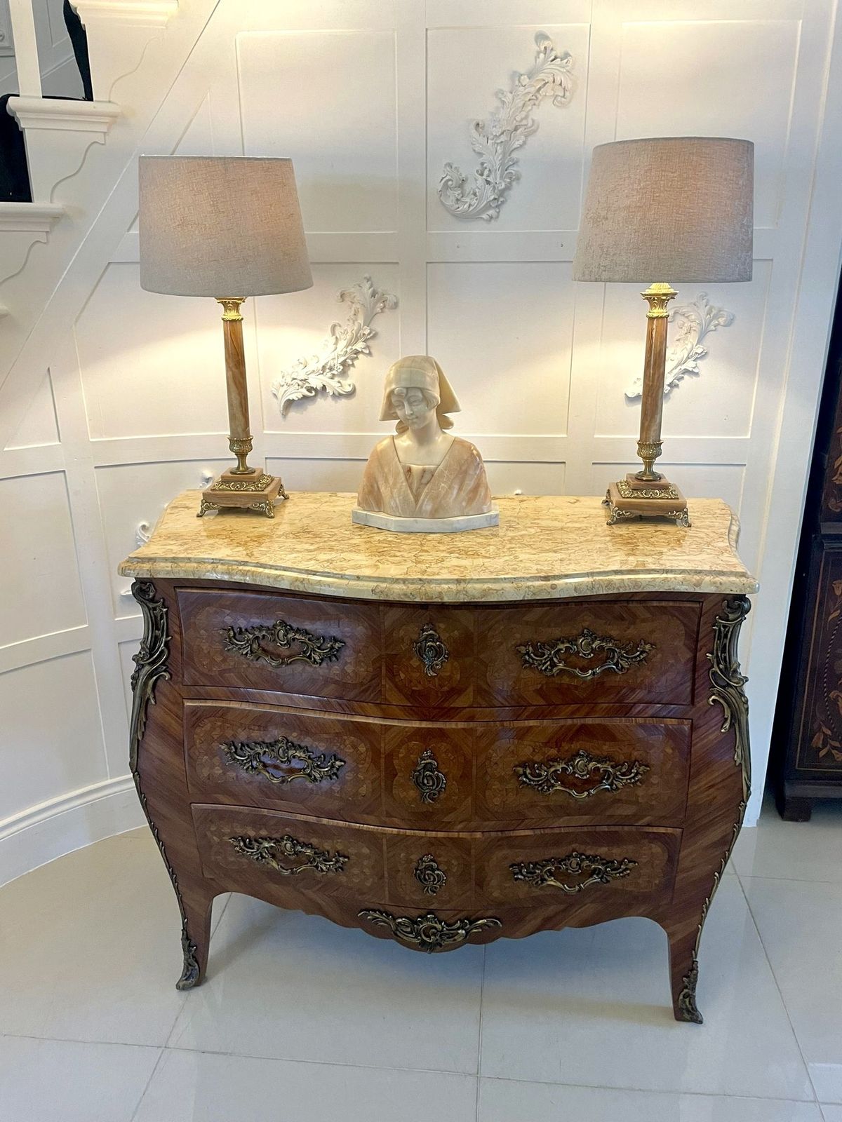 Furniture Antique 19th Century Quality French Parquetry Marble Top Chest Of Drawers photo