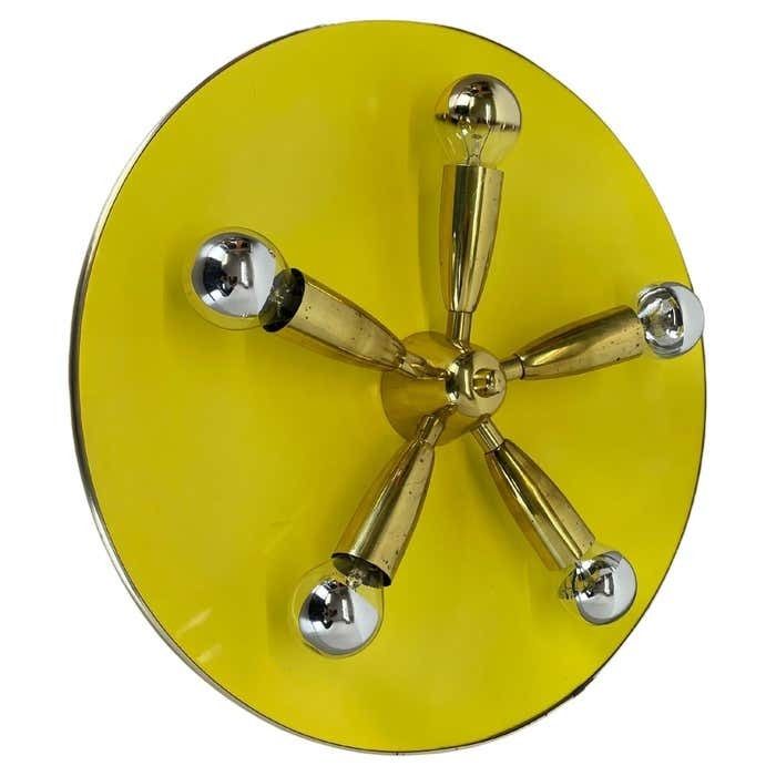 Brass + Yellow Stilnovo Style Theatre Wall Ceiling Light Sconces, Italy, 1950s