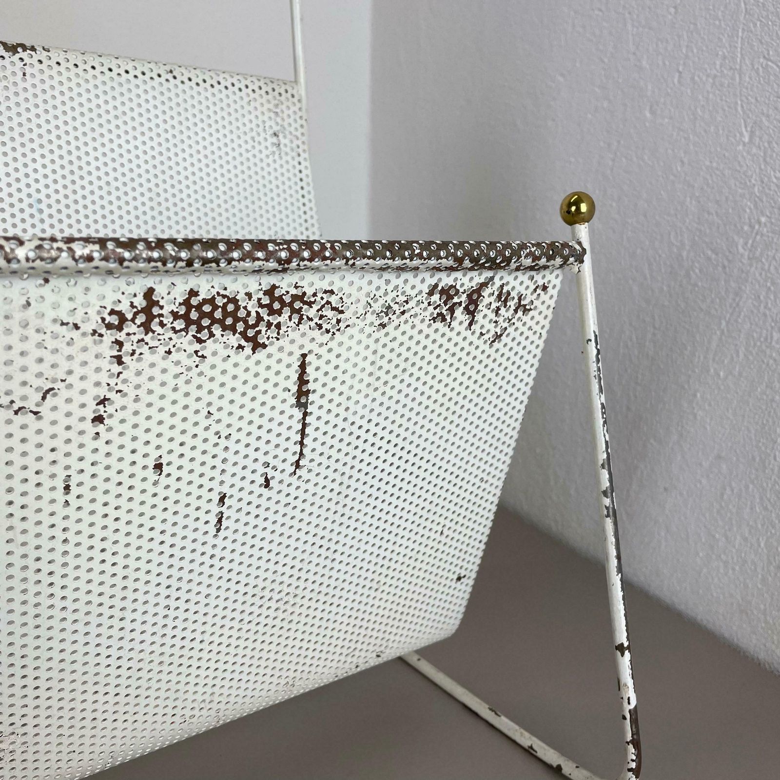 photo buy Mategot Aubock Style White Metal Hole Pattern Magazine Holder, France, 1950s